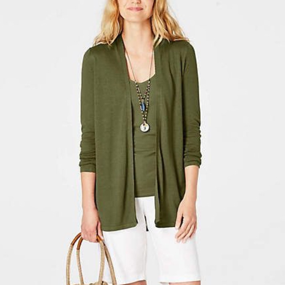 NWT J. Jill Long Linen Cardigan Olive Green SP Back Pleat Linen Rayon Arugula